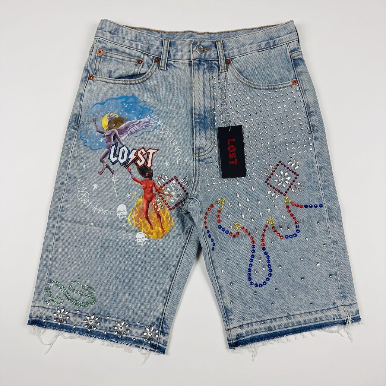 NWT LOST INTRICACY “INTERNAL WARFARE” RHINESTONE DENIM SHORTS