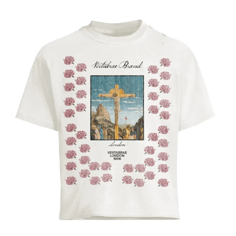 Vertabrae Roses Logo Short Sleeve Tee Shirt Cream Multi