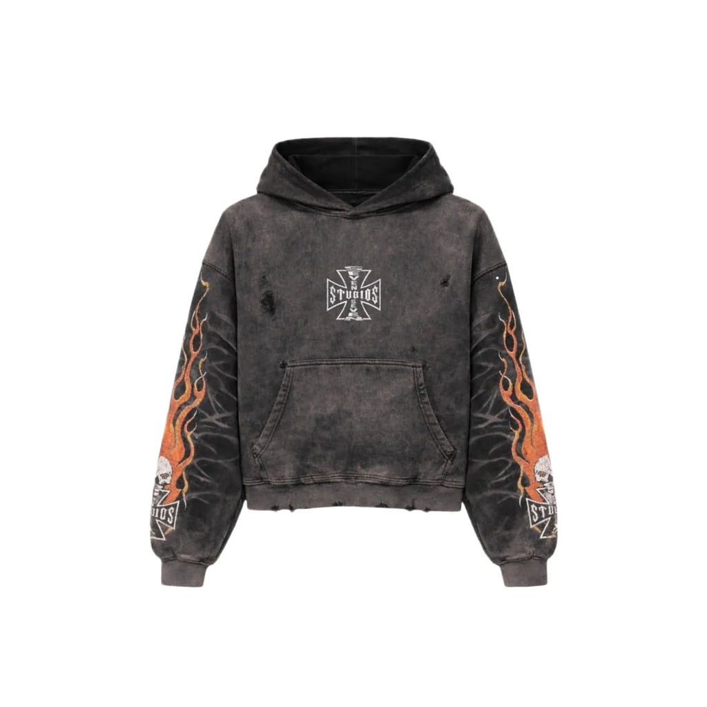 77 Studios Bones Flame Distressed Hoodie Grey