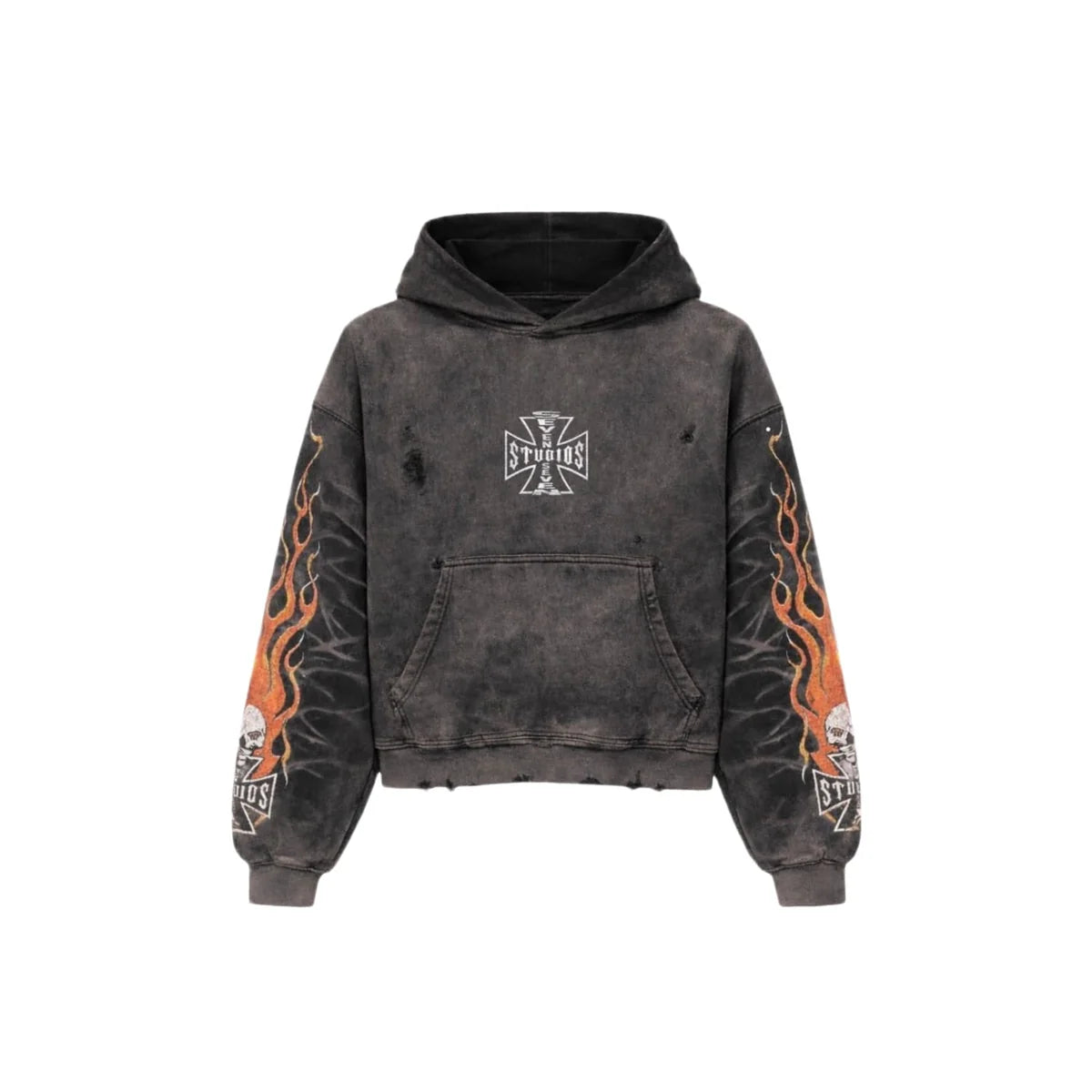 77 Studios Bones Flame Distressed Hoodie Grey
